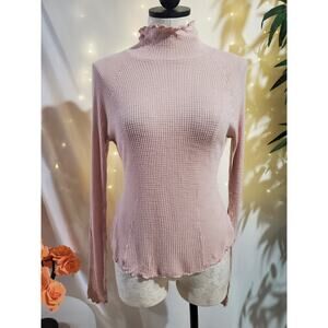 Intimately Free People Make it Easy Ruffle Mock Neck Thermal Waffle Knit Top Sm